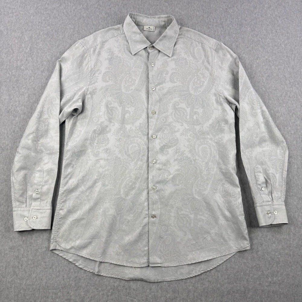 Etro Shirt Mens 44 Gray Paisley Jacquard‎ Button Down Long Sleeve Made in Italy